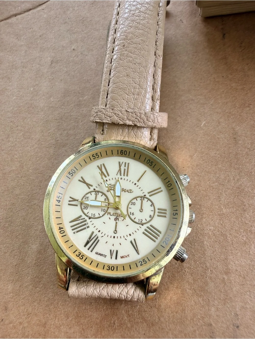 Beige Leather Strap Gold-Tone Women's Watch